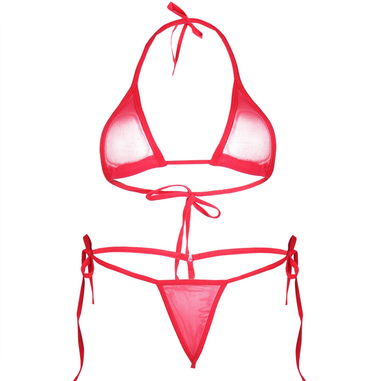 TiaoBug Women's Sheer Mesh Extreme Bikini Halterneck Top and Tie Sides Micro Thong Sets