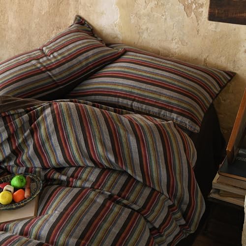 Image of EAVD Retro Striped Duvet Cover Set King Soft 100% Cotton Muslin Bohemian Colorful Vertical Striped Bedding Set with 2 Pillowcases Rustic Farmhouse Style Geometric Pattern Duvet Cover with Zipper