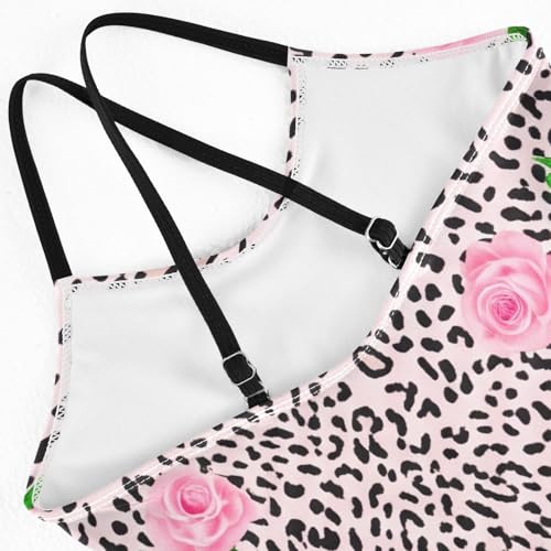 Leopard Pink Roses Swimsuit for Girls One Piece, Spaghetti Straps, Cross Back Design, Ages 3T4