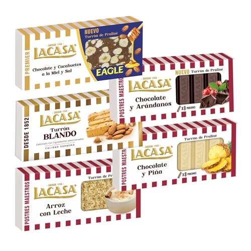 Pack Surtido 5 Turrones Lacasa:Blando, Arroz con Leche, Chocolate y Arándanos, Chocolate y Piña,Cacahuete Eagle