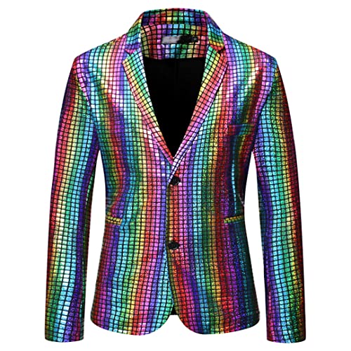 Mens Stylish Dancer Stage Jacket Gold Silver Rainbow Plaid Sequin Blazer Rainbow L