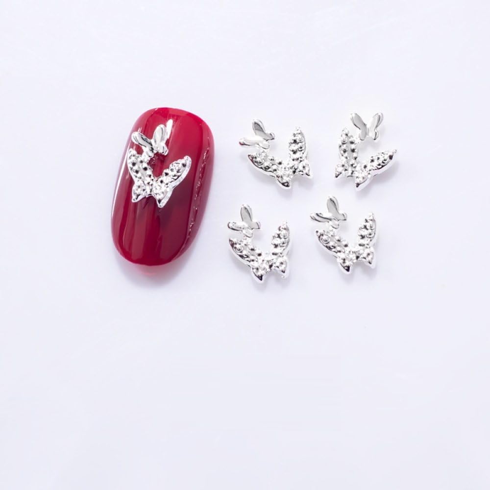 qbodp 50 Pcs Nail Decoration Fashion Nail Decoration Double Butterfly Decoration for Nail, Nail Supplies Nail Art Decoration Accessories,Silver