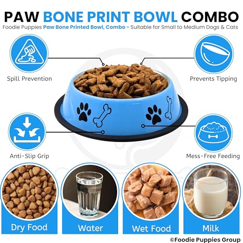 Image of Foodie Puppies Stainless Steel Dog Bowl Combo - (Medium, 700ml) Food and Water Feeding Gift Bowl | Suitable for Dogs, Cats and Other Pets I Paw Bone Print, Anti-Skid Rubber Base (White + Sky Blue)