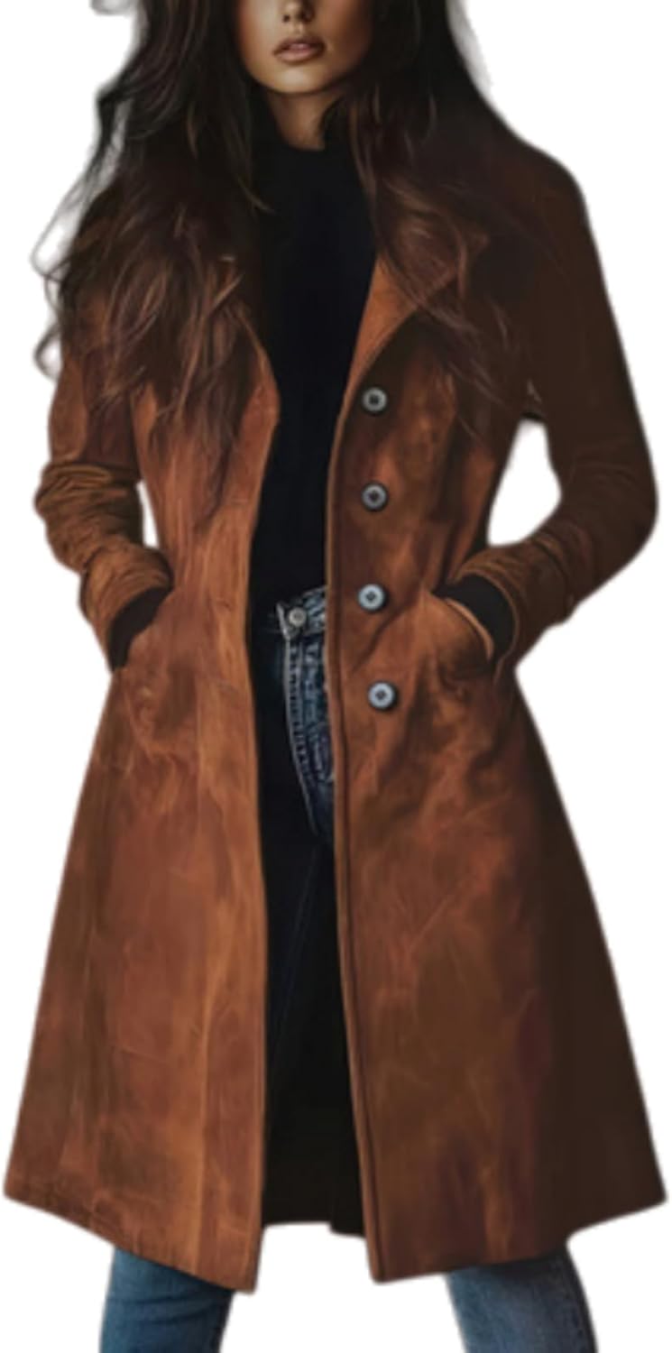 Womens Faux Suede Long Trench Coat Autumn Winter Coat Single Breasted Overcoat Lapel Slim Work Office Pea Coats