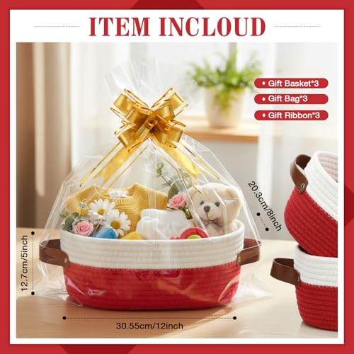 Image of Colingmill 3 Pack Easter Small Woven Basket for Gifts with Handles Clear Bags and Ribbons Empty Storage Basket Decorative Chest Box for Easter Wedding Present(White and Red,12 inchx 8 inchx 5 inch)