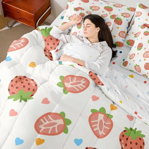 Image of 7 Pcs Cartoon Strawberry Bedding Sets Queen Size Colorful Lovely Hearts Decor Comforter Set Cute Fruits Romantic Style Bed in a Bag with Comforter,Flat Sheet,Fitted Sheet,2 Pillowcases,2 Pillow Covers