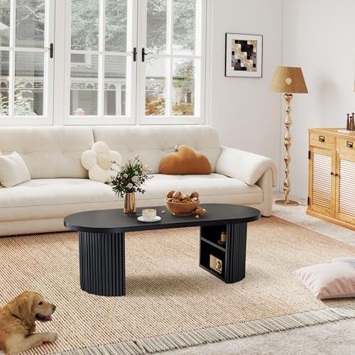 Image of Oval Fluted Coffee Table, 47 inch Farmhouse Wood Coffee Table Mid Century Modern Center Table Boho Living Room Tables for Living Room Office,Black