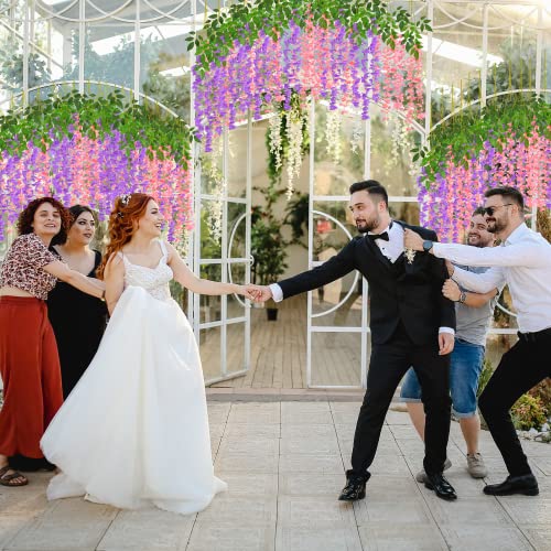 Serwalin Wisteria Hanging Flowers 24 Pack Artificial Flowers 3.75 Feet Fake Wisteria Garland Realistic Silk Wisteria Vine For Wedding Party Garden Wall Decoration, Pink And Purple #TOP5