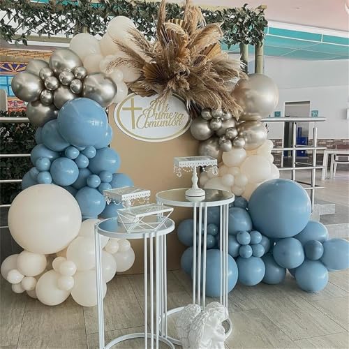 Image of Dusty Blue Balloon Set, 60Pcs 12 Inch Retro Baby Slate Blue Ivory White Metallic Silver Balloons Birthday Decor, Pastel Blue Beige Cream Ocean Balloon for Bridal Wedding Gender Reveal Party Decoration