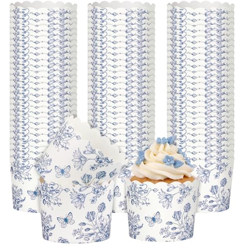 Qinyoung 150 Pcs Blue Floral Cupcake Wrappers Liners Blue White Chinoiserie Wildflower Paper Baking Cups Disposable French Vintage Cupcake Muffin Cases for Wedding Baby Shower Birthday Tea Party Decor by Qinyoung - Used condition - US$15.31