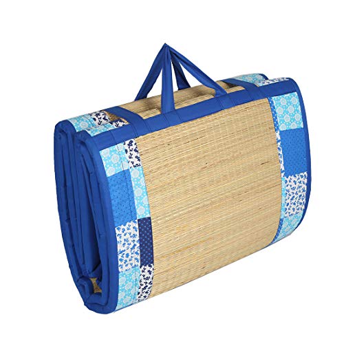 Image of Foldable Mat 6.5 X 6 Feet Korai River Grass chatai Light Blue Cotton Fabric with 20MM Soft Foam Comfort Cushion