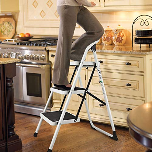Goplus 3 Step Ladder, Folding Heavy Duty Step Stool Lightweight Steel Ladder with Handgrip and Wide Anti-Slip Platform for Kitchen Shop, 340lbs Capacity (Black)