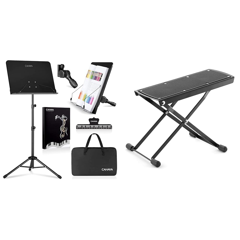 CAHAYA Pupitre de Partitions Pliable Portable 80-145cm Support Métallique de Partitions & Tiger GST35-BK Tabouret pour Guitare, Repose-Pieds Pliable et réglable en Hauteur