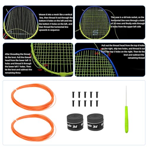 Image of Proberos Badminton Racket Strings Set, for 2 Rackets, Replacement String Repair Kit with Accessories & Tools, Nylon Fiber Strings, 0.78mm, Tension 26lbs, 10m Long Per Roll - Orange