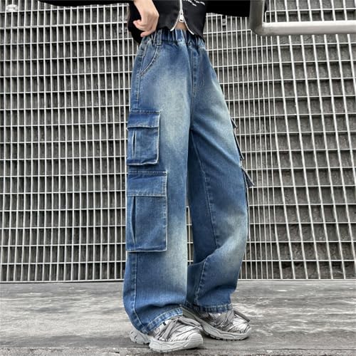 Girls Wide Leg Baggy Cargo Jeans with Multi-Pocket Elastic Waist All Seasons Denim Pants Streetwear Active Pants3