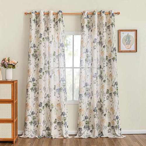 Image of MYSKY HOME Sage Green Floral Linen Spring Curtains 84 inch Long 2 Panels Set Semi Sheer Light Filtering Farmhouse Flower Pattern Grommet Top for Living Room Bedroom, 52 inch W Each Panel