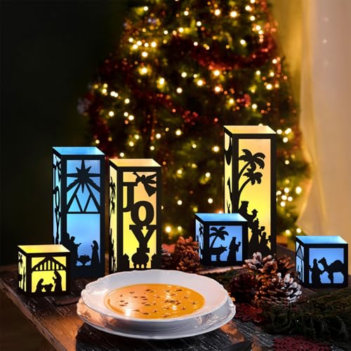 Image of HOWAF 6pcs Nativity Christmas Luminary Boxes with 6 Lameless LED Candles, Jesus Christmas Luminary Candle Boxes for Religious Christmas Jesus Birthday Xmas Party Decor Paper Lanterns Boxes with Lights