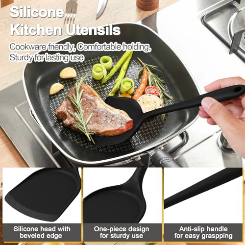 P&P CHEF Kitchen Utensil Set, 4 Pieces Non-stick Silicone Cooking Utensils, Heat-resistant Slotted Solid Spoon Turner for Frying, Mixing, Serving, Non-toxic & Easy to Clean, Black by P&P CHEF - Image 3