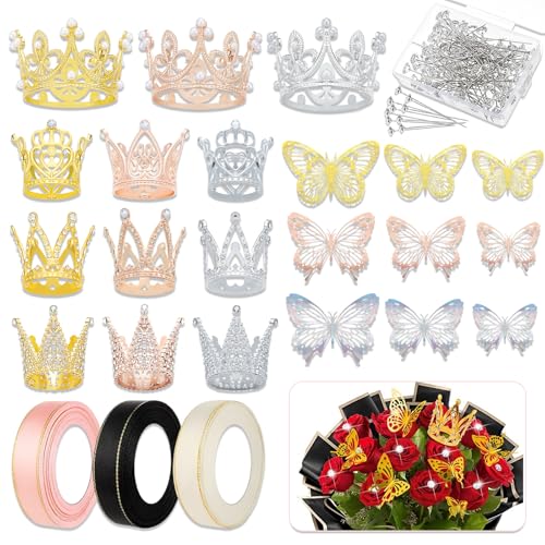 153Pcs Flower Bouquet Accessories & Crowns for Flower Bouquets, Including 12Pcs Cake Mini Crown Topper, 36Pcs Butterfly Decorations 100Pcs Flower Pins for Birthday Wedding