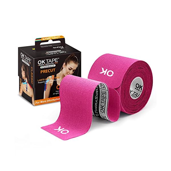 OK TAPE Kinesiology Tape 10 inches Precut, 20 Strips, Cotton Elastic Athletic Tape Latex Free, 2inch x 16ft, Pink