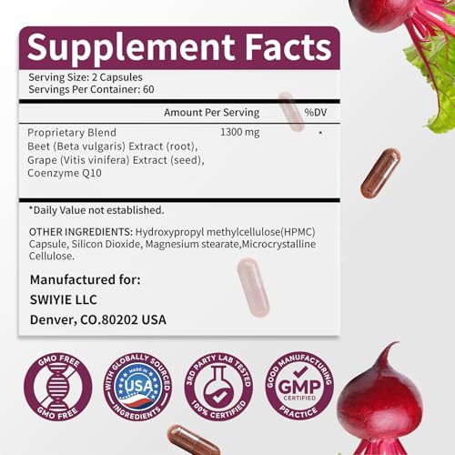 Beet Root Capsules 120 pcs, Beetroot Supplement Support Heart Health Circulation, Blood Pressure, Beets with Grape Seed Extract, Non-GMO, Gluten-Free | 1300mg per Serving