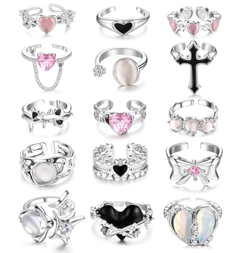 Sanfenly 15 Pcs Y2k Rings For Women Irregular Adjustable Open Ring Vintage Punk Grunge Gothic Goth Moonstone Star Thorn Heart Cross Bud Bow Ring Set