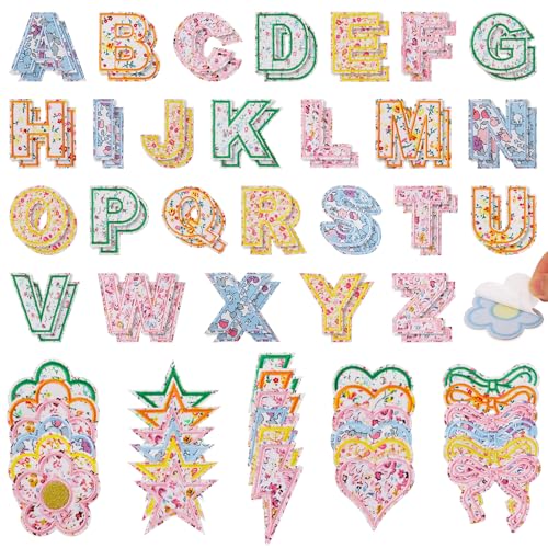 Askyorte 82Pcs Self-Adhesive Letters Patches for Clothing, Floral Varsity Letters & Cute Shape Stickers, No-Sew Iron On or Stick On for Jackets, Jeans, Backpacks, Kids Bags by Askyorte - Used condition - US$16.87