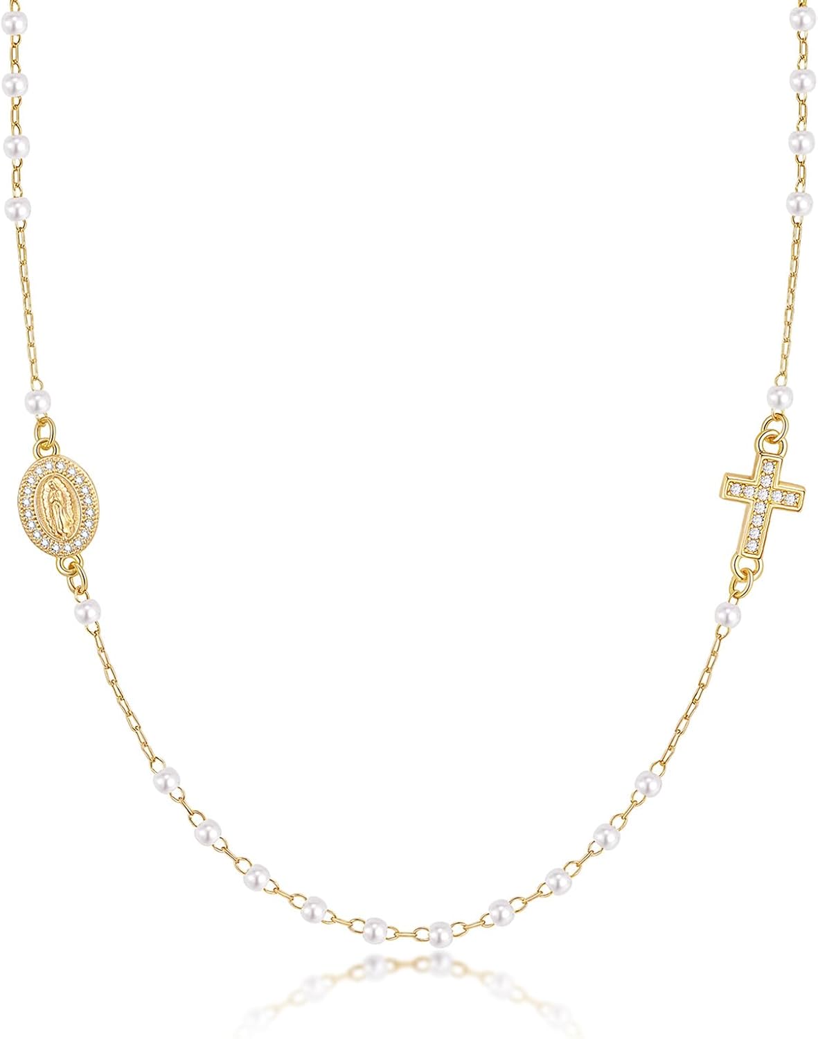Gold Rosary Beads Cross Necklace - 14k Gold Plated Virgin Mary Necklaces,Non Tarnish Golden Catholic Virgen de Guadalupe Choker Jewelry,Religious Rosarios Catolicos Baptism Confirmation Gift for Women