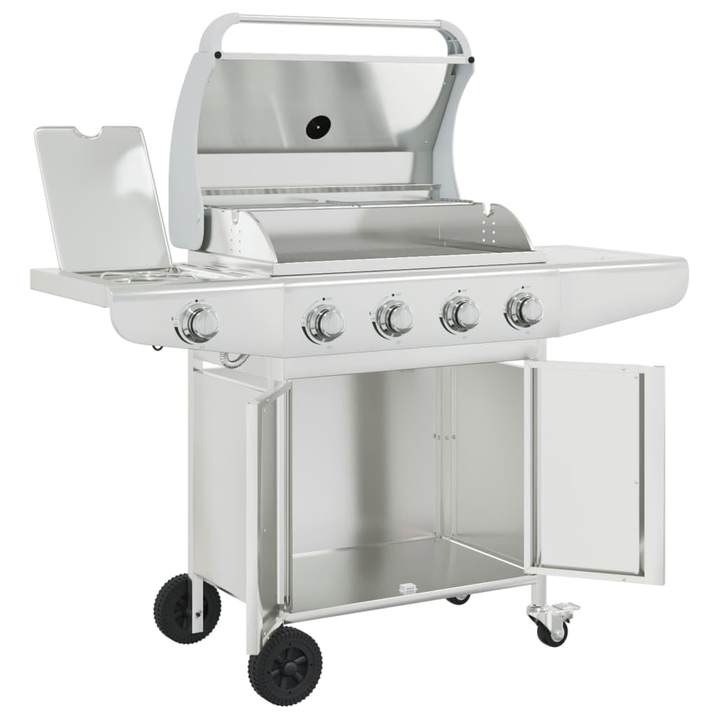 Grill gazowy z 5 płomieniami, ze stali nierdzewnej, srebrny, powierzchnia grillowania: 63 x 40 cm, moc 16 kW, z zapłonem piezoelektrycznym i wbudowanym termometrem, do ogrodu, na balkon