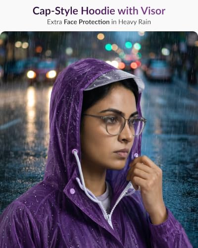 Image of Destinio Raincoat for Women Waterproof | Long Hooded Polyester Raincoat with PVC Lining | High Neck Double Layer Seam-Sealed Rain Wear with Waist Belt | Windproof Monsoon Rain Coat