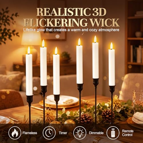 Image of Enhon 6 Pack Flameless Taper Candles with Remote & Batteries, 6.5 inch Ivory LED Candle Sticks, 3D Flickering Wick, Timer & Dimmable, 624+ Hour Battery Operated Candles for Home, Wedding & Christmas Decor