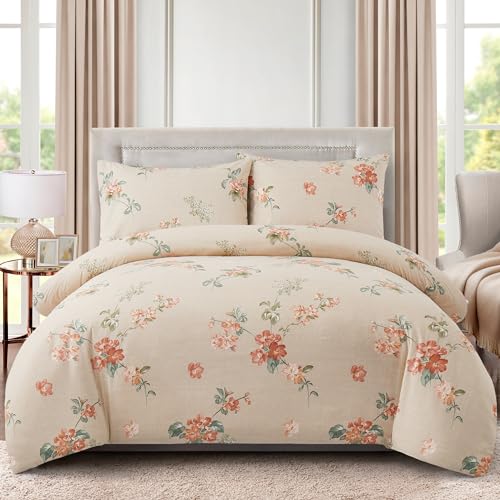 Marina Decoration Ultra Soft Silky Rich Printed Rayon from Bamboo All Season 4 Pieces Duvet Cover Fitted Sheet Ensemble Bedding Set with Zipper and Corner Tie, Peach Floral Taupe Pattern Queen Size