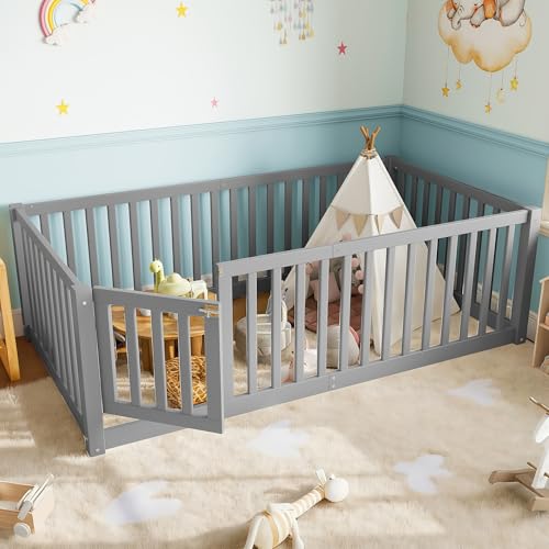 Image of Bellemave Twin Size Kids Montessori Floor Bed with Door,Solid Wood Floor Bed Frame with High Fence for Girls,Boys,Gray