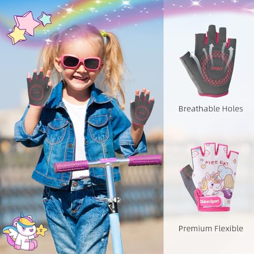 Image of PROBEROS Fingerless Riding Gloves for Kids Teen Girls Unicorn Skating Anti-Slip Padded Palm Design Breathable Sweat-Absorption Outdoor Sport Gloves, Size-L