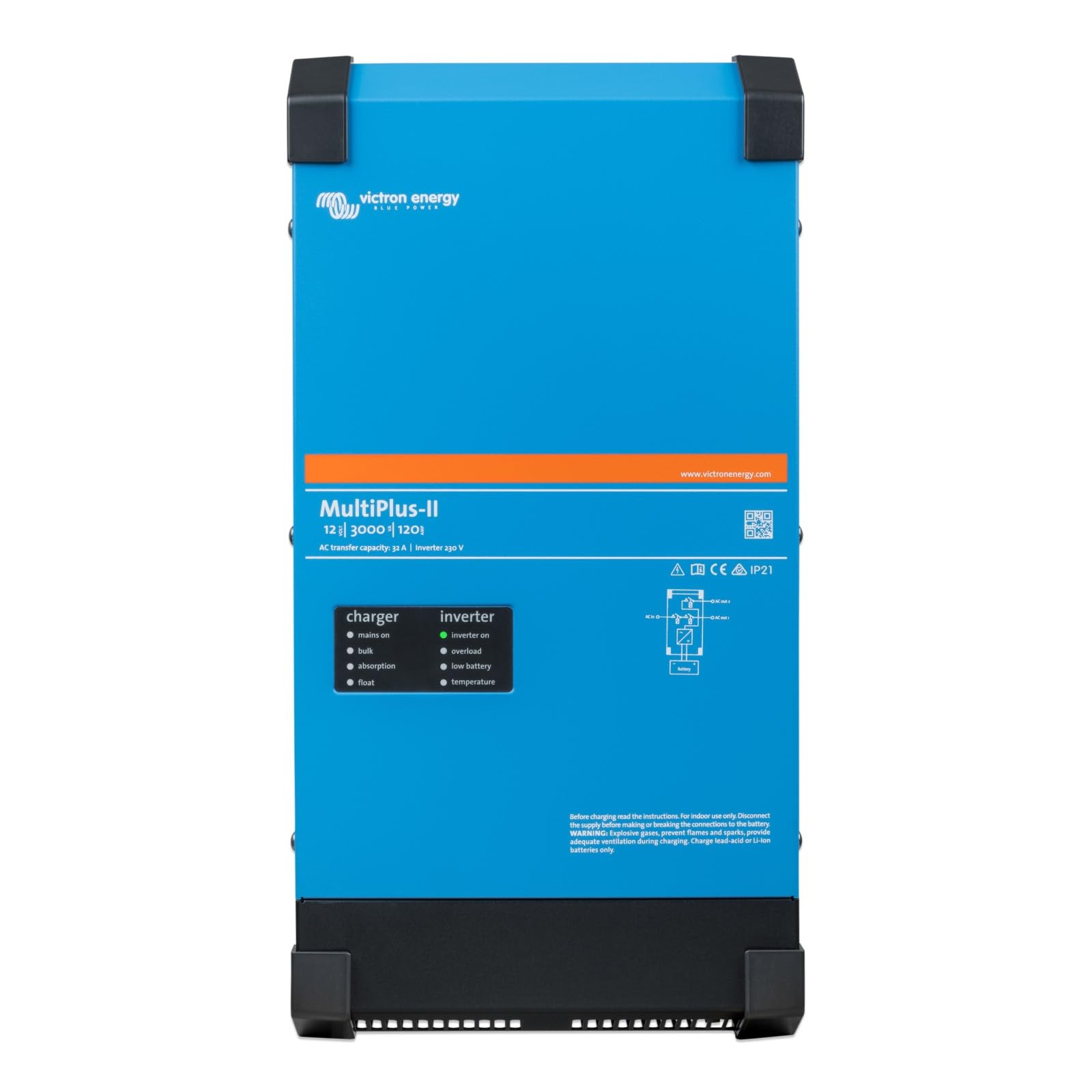 Victron Energy MultiPlus-II Reiner Sinus Wechselrichter 120 Amp Batterie Ladegerät, Spannungswandler, Transferschalter Inverter Charger, 3000VA 12-Volt 230V