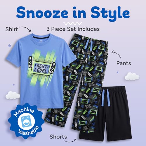 Image of US Angels Boys Pajamas Set | 3-Piece Pant, Shirt, Shorts Sleepwear Pjs for Kids | Loose Fit, Soft, Breathable Blue Plaid