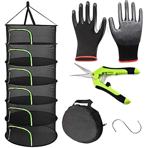 Herb Drying Rack, 6-Layer Black Hanging Drying Rack with U-Shaped Green Zipper, with Garden Scissors, Plant Drying Rack net for Drying Plants, Herbs Cover