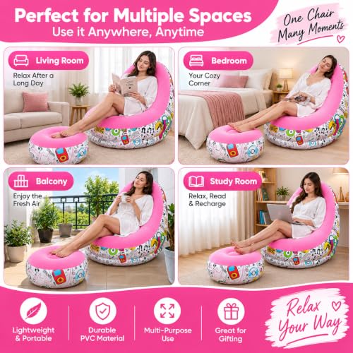 Image of Inflatable Lounge Chair with Matching Ottoman, Single Size, Foldable & Portable Relaxing Chair for Living Room, Bedroom & Home, Pink