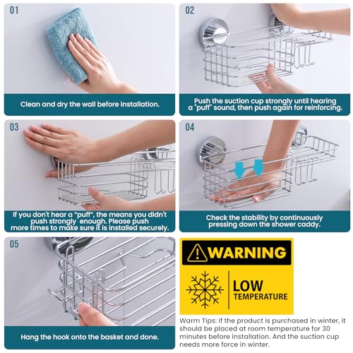 Image of TAILI Shower Caddy Suction Cup with Hooks & Soap Holder, Silver | Heavy Duty Shower Organizers, Removable Bathroom Shelves for Inside,Stainless Steel Bathroom Holder