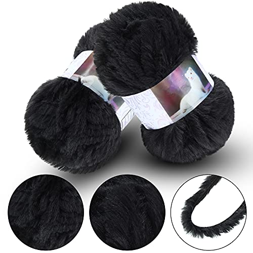 Image of 2 Pieces Soft Fur Yarn - Fuzzy, Fluffy Faux Fur Eyelash Yarn, Cream for Crochet, Knitting Projects - 30m /50g Each(Black)