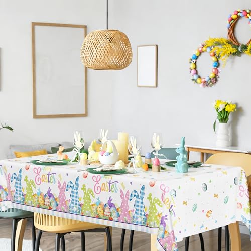 Image of 2 Pack Easter Tablecloth, 54 inch x 108 inch Easter Decorations, Rectangular Spring Tablecloths for Party Supplies, Colorful Eggs Bunny Flower Disposable Plastic Table Cloths for Easter Decorations for Home