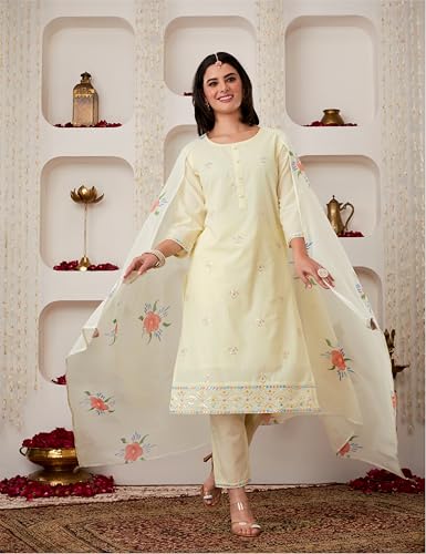 Image of Amazon Brand - Myx Women Embroidered Cotton Kurta Pant Set with Dupatta (Available in Plus Sizes)