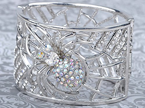 Alilang Womens Silvery Tone Filigree Clear Rhinestone Crystal Spider Web Witch Cuff Bangle Bracelet #TOP1