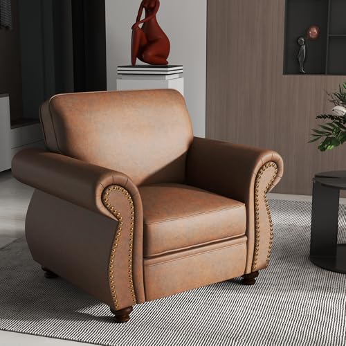 Image of Couchus Mid-Century Accent Chair with Nailhead Trim, Faux Leather Upholstered Armchair for Living Room, 42 inch Upholstered Sofa Chair for Bedroom (Caramel Rust, Single)