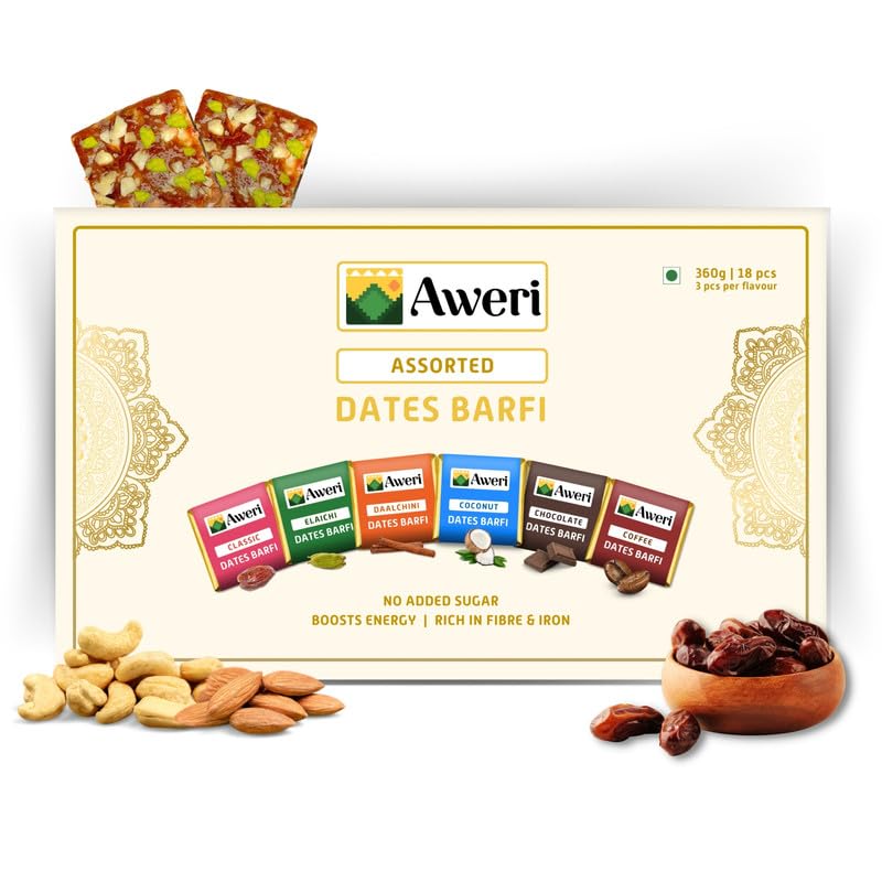 Sponsored Ad - Aweri Assorted Dates Barfi (360 Gram): No Added Sugar Healthy Date Bite | Dry Fruit Barfi | Dates, Almonds, Cashews, Ghee | Indian Sweet Mithai Gift Pack | Khajoor Barfi | Date Chikki