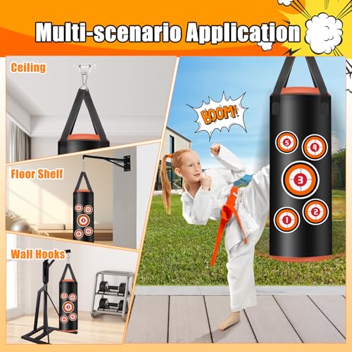 JUOIFIP Boxsack Hängend Set, Boxsack Kinder mit Handschuhen 60 cm, Microfiber Leder Schwere Tasche für das Training Kickboxen Fitness MMA Grappling Muay Thai Karate