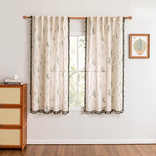 Image of MYSKY HOME Floral Farmhouse Linen Boho Curtains 63 inch Length with Green Tassels Semi Sheer Privacy Protect Back Tab Spring Rustic Country Window Treatment for Bedroom Cafe, Green, 50 inch Wide, 2 Panels