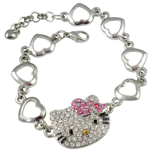 allydrew Kitty Crystal Rhinestone Charm with Pink Hearts Bow Bracelet