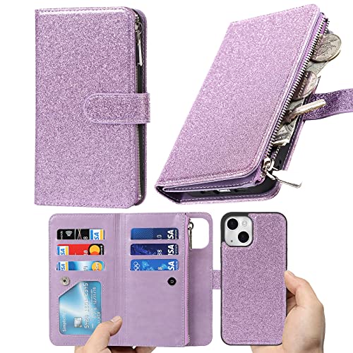 Havaya Glossy Case für iPhone 13, Detachable Leather Wallet with Card Holder, Draw Bracelet, 6 Zippered {Card Slots} - Purple