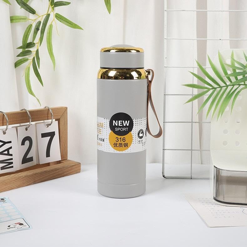 Image of 1000ml Stainless Steel Insulated Vacuum Flask Water Bottle with Rose Gold Lid, Leak Proof Large Capacity Sports Bottle with Strap & Handle for Travel, Gym, Office, Hot & Cold Drinks (Grey)